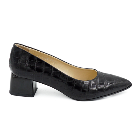 Pantofi elegant & office dama - Pantofi dama din piele naturala croco negru, cu varf ascutit stiletto si toc mic gros de 4 cm 4057-6-26