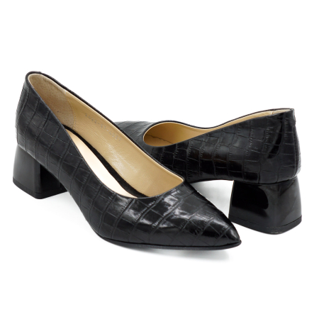 Pantofi dama din piele naturala croco negru, cu varf ascutit stiletto si toc mic gros de 4 cm 4057-6-26 [3]