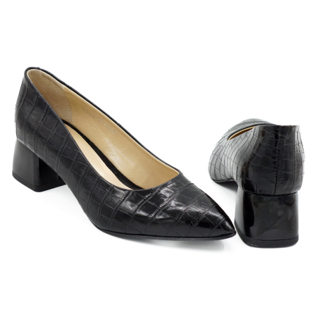 Pantofi dama din piele naturala croco negru, cu varf ascutit stiletto si toc mic gros de 4 cm 4057-6-26 [4]