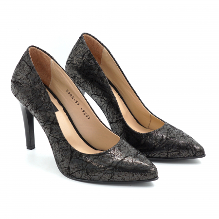 Pantofi dama din piele naturala cu imprimeu cu varf ascutit stiletto si toc inalt subtire 9 cm 9557-6-25 [2]