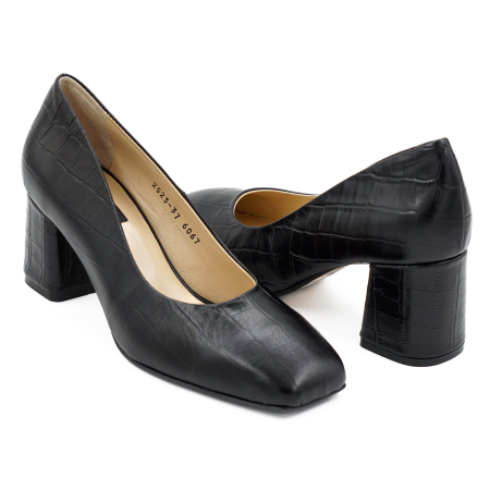Pantofi dama din piele naturala croco negru mat, cu varf patrat si toc mic gros imbracat 6 cm 6067-26 [3]