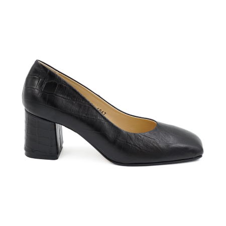 Pantofi elegant & office dama - Pantofi dama din piele naturala croco negru mat, cu varf patrat si toc mic gros imbracat 6 cm 6067-26