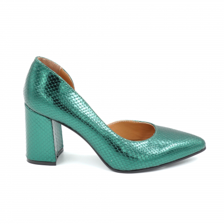 Pantofi dama din piele naturala  verde menta metalizat cu imprimeu sarpe cu varf ascutit stileto si toc mediu gros imbracat 8 cm  53024-25 [3]