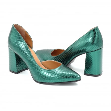 Pantofi dama - Pantofi dama din piele naturala  verde menta metalizat cu imprimeu sarpe cu varf ascutit stileto si toc mediu gros imbracat 8 cm  53024-25