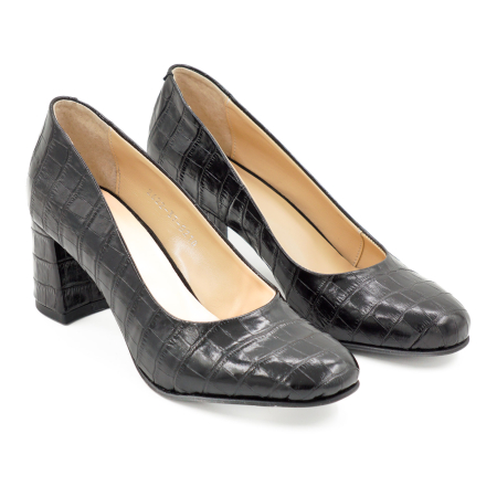 Pantofi dama din piele naturala croco negru, cu varf rotund si toc mic gros imbracat 6 cm 0210-1-26 [1]