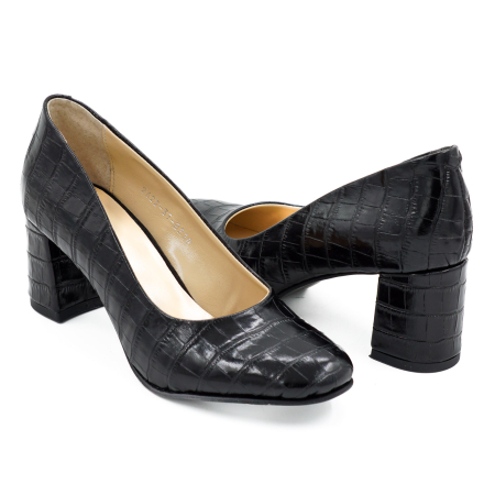 Pantofi dama - Pantofi dama din piele naturala croco negru, cu varf rotund si toc mic gros imbracat 6 cm 0210-1-26