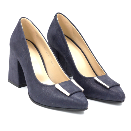 Pantofi dama din piele naturala bleumaren cu varf ascutit stiletto si toc mediu gros imbracat de 8 cm 50724-3-24 [1]