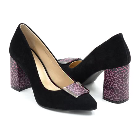 Pantofi elegant & office dama - Pantofi dama din piele naturala intoarsa neagra cu varf ascutit si toc mediu gros imbracat de 8 cm 50724-26