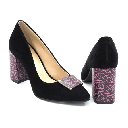Pantofi dama din piele naturala intoarsa neagra cu varf ascutit si toc mediu gros imbracat de 8 cm 50724-26 [2]