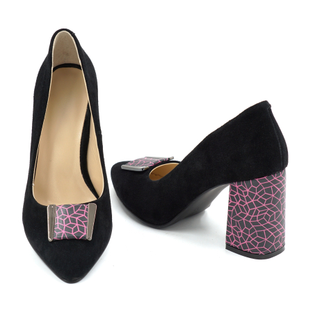 Pantofi dama din piele naturala intoarsa neagra cu varf ascutit si toc mediu gros imbracat de 8 cm 50724-26 [3]