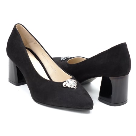 Lichidare stocuri - Pantofi dama din piele naturala intoarsa neagra cu varf ascutit stiletto si toc mic gros de 6 cm 51324-3-24