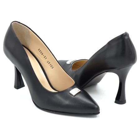 Pantofi elegant & office dama - Pantofi dama din piele naturala neagra cu varf ascutit stiletto si toc mediu subtire de 8 cm 55025-1-25