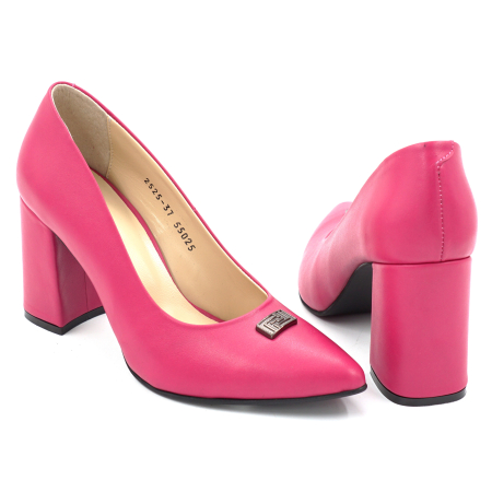 Pantofi dama din piele naturala fucsia cu varf ascutit stiletto si toc mediu gros imbracat de 8 cm 55025-25 [2]