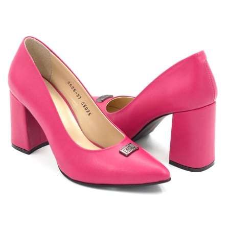 Pantofi elegant & office dama - Pantofi dama din piele naturala fucsia cu varf ascutit stiletto si toc mediu gros imbracat de 8 cm 55025-25