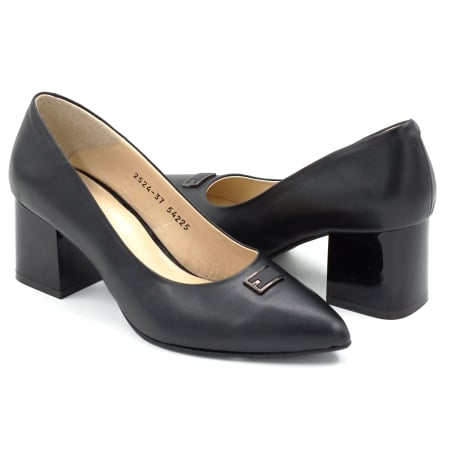 Pantofi elegant & office dama - Pantofi dama din piele naturala cu accesoriu in fata cu varf ascutit si toc gros de 6 cm 54225-25