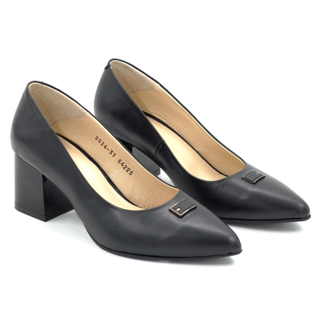 Pantofi dama din piele naturala cu accesoriu in fata cu varf ascutit si toc gros de 6 cm 54225-25 [1]
