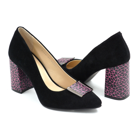 Pantofi dama din piele naturala intoarsa neagra cu varf ascutit stiletto si toc mediu gros imbracat de 8 cm 50724-26 [6]