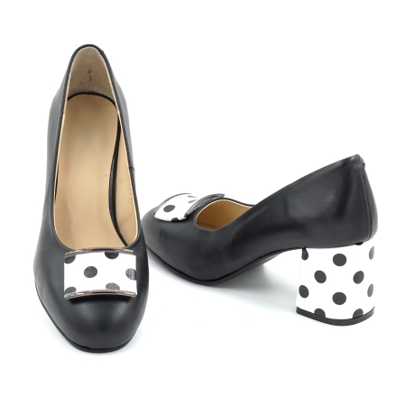Pantofi dama din piele naturala neagra cu varf rotund si toc mic gros imbracat de 6 cm 51424-26 [2]
