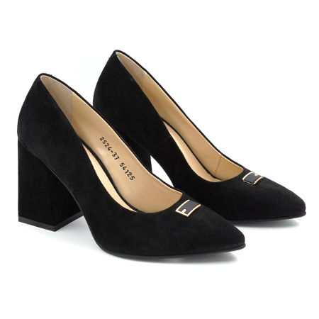 Pantofi dama din piele naturala intoarsa neagra cu varf ascutit stiletto si toc mediu gros imbracat de 8 cm 54125-25 [1]
