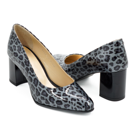 Pantofi dama din piele naturala lacuita gri cu imprimeu leopard, cu varf ascutit si toc mic gros de 6 cm 0700-6-26 [3]