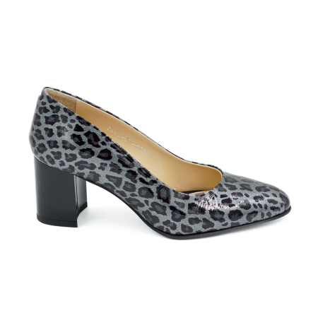 Pantofi dama din piele naturala lacuita gri cu imprimeu leopard, cu varf ascutit si toc mic gros de 6 cm 0700-6-26 [5]