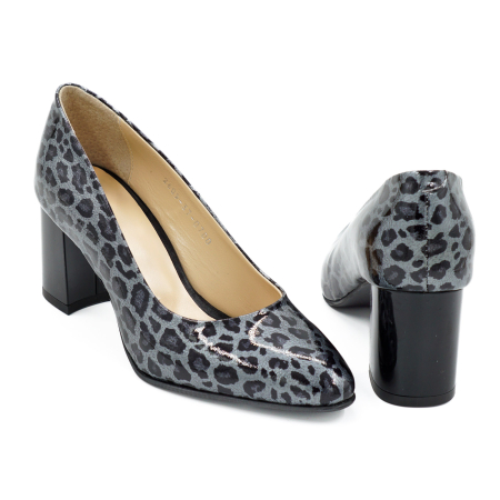 Pantofi dama din piele naturala lacuita gri cu imprimeu leopard, cu varf ascutit si toc mic gros de 6 cm 0700-6-26 [4]