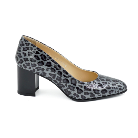 Pantofi dama - Pantofi dama din piele naturala lacuita gri cu imprimeu leopard, cu varf ascutit si toc mic gros de 6 cm 0700-6-26