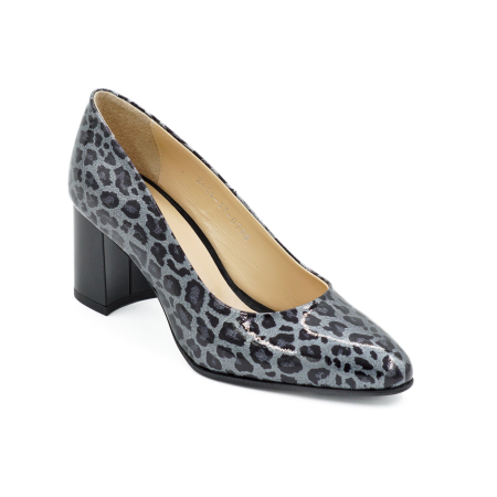 Pantofi dama din piele naturala lacuita gri cu imprimeu leopard, cu varf ascutit si toc mic gros de 6 cm 0700-6-26 [1]