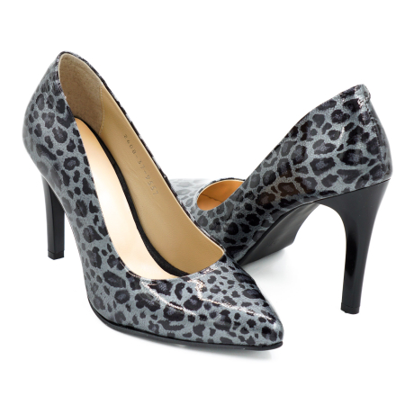 Pantofi dama din piele naturala lacuita gri cu imprimeu leopard cu varf ascutit stiletto si toc inalt subtire de 9 cm 9557-9-26 [3]
