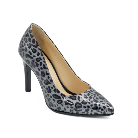 Pantofi dama din piele naturala lacuita gri cu imprimeu leopard cu varf ascutit stiletto si toc inalt subtire de 9 cm 9557-9-26 [1]