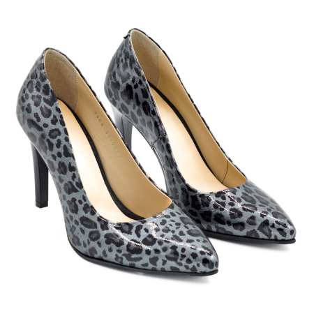 Pantofi dama din piele naturala lacuita gri cu imprimeu leopard cu varf ascutit stiletto si toc inalt subtire de 9 cm 9557-9-26 [2]