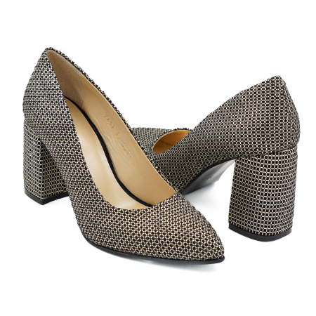 Pantofi dama din piele naturala neagra cu imprimeu auriu, cu varf ascutit stiletto si toc mediu gros imbracat de 8 cm 8057-8-26 [3]