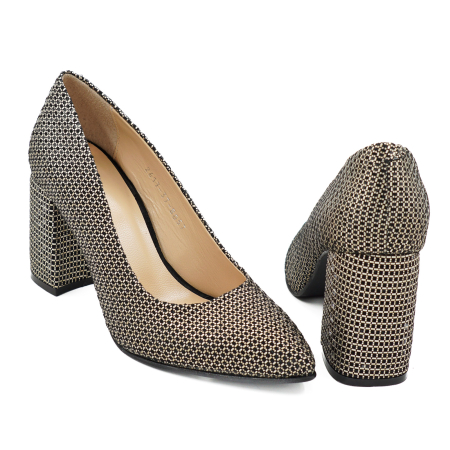 Pantofi dama din piele naturala neagra cu imprimeu auriu, cu varf ascutit stiletto si toc mediu gros imbracat de 8 cm 8057-8-26 [4]