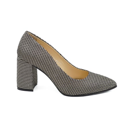 Dama - Pantofi dama din piele naturala neagra cu imprimeu auriu, cu varf ascutit stiletto si toc mediu gros imbracat de 8 cm 8057-8-26