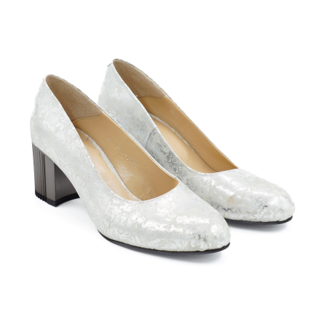 Pantofi dama din piele naturala cu imprimeu argintiu, cu varf rotund si toc mic gros de 6 cm 6055-3-26 [2]