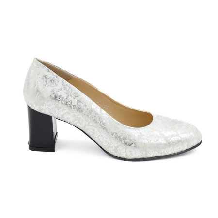 Pantofi dama din piele naturala cu imprimeu argintiu, cu varf rotund si toc mic gros de 6 cm 6055-5-26 [0]