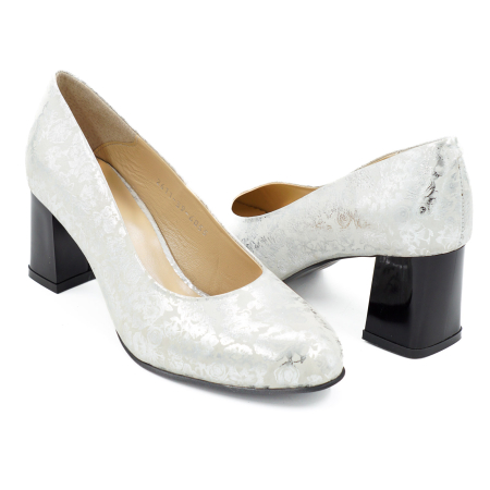 Pantofi dama din piele naturala cu imprimeu argintiu, cu varf rotund si toc mic gros de 6 cm 6055-5-26 [3]