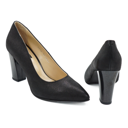 Pantofi dama din piele naturala cu imprimeu negru, cu varf ascutit stiletto si toc mediu gros de 8 cm 8057-9-26 [4]