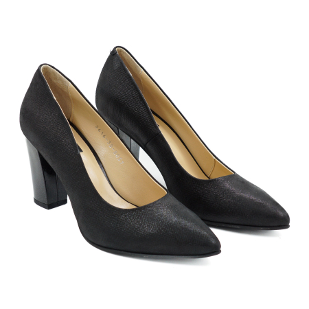Pantofi dama din piele naturala cu imprimeu negru, cu varf ascutit stiletto si toc mediu gros de 8 cm 8057-9-26 [2]