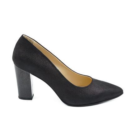 Lichidare stocuri - Pantofi dama din piele naturala cu imprimeu negru, cu varf ascutit stiletto si toc mediu gros de 8 cm 8057-9-26