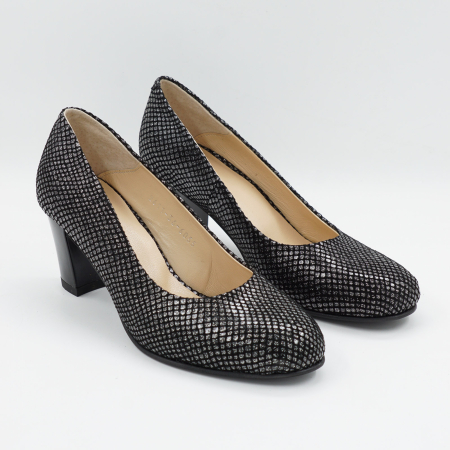 Pantofi dama din piele naturala neagra cu imprimeu, cu varf rotund si toc mic gros de 6 cm 6055-2-26 [2]