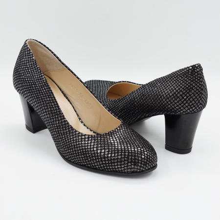 Pantofi dama din piele naturala neagra cu imprimeu, cu varf rotund si toc mic gros de 6 cm 6055-2-26 [3]