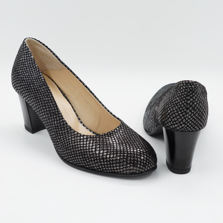 Pantofi dama din piele naturala neagra cu imprimeu, cu varf rotund si toc mic gros de 6 cm 6055-2-26 [4]