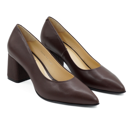 Pantofi dama din piele naturala maro inchis, cu varf ascutit stiletto si toc mic gros imbracat de 6 cm 6057-17-26 [2]