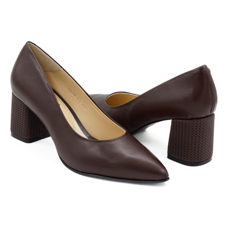 Pantofi dama din piele naturala maro inchis, cu varf ascutit stiletto si toc mic gros imbracat de 6 cm 6057-17-26 [3]