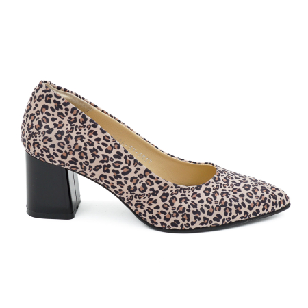 Lichidare stocuri - Pantofi dama din piele naturala cu imprimeu leopard, cu varf ascutit stiletto si toc mic gros imbracat de 6 cm 6057-11-26