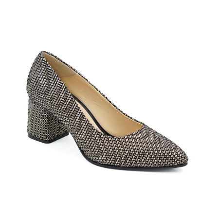 Pantofi dama din piele naturala neagra cu imprimeu auriu, cu varf ascutit stiletto si toc mic gros imbracat de 6 cm 6057-12-26 [1]