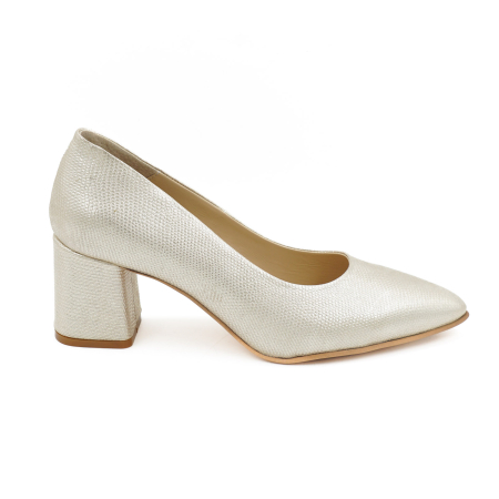 Pantofi elegant & office dama - Pantofi dama din piele naturala cu imprimeu auriue, cu varf ascutit stiletto si toc mic gros imbracat de 6 cm 6057-15-26