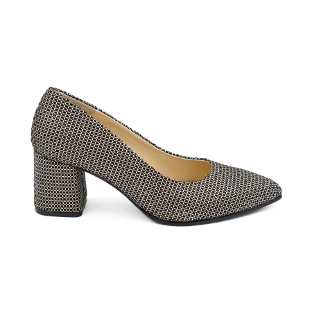 Pantofi elegant & office dama - Pantofi dama din piele naturala neagra cu imprimeu auriu, cu varf ascutit stiletto si toc mic gros imbracat de 6 cm 6057-12-26