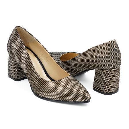 Pantofi dama din piele naturala neagra cu imprimeu auriu, cu varf ascutit stiletto si toc mic gros imbracat de 6 cm 6057-12-26 [3]